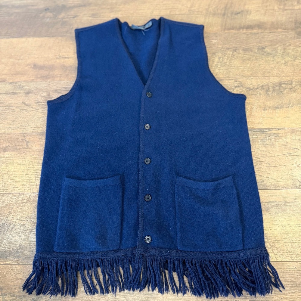 Lizwear Liz Claiborne Navy Blue 100% Wool Fringe Hem Button Front Sweater Vest M